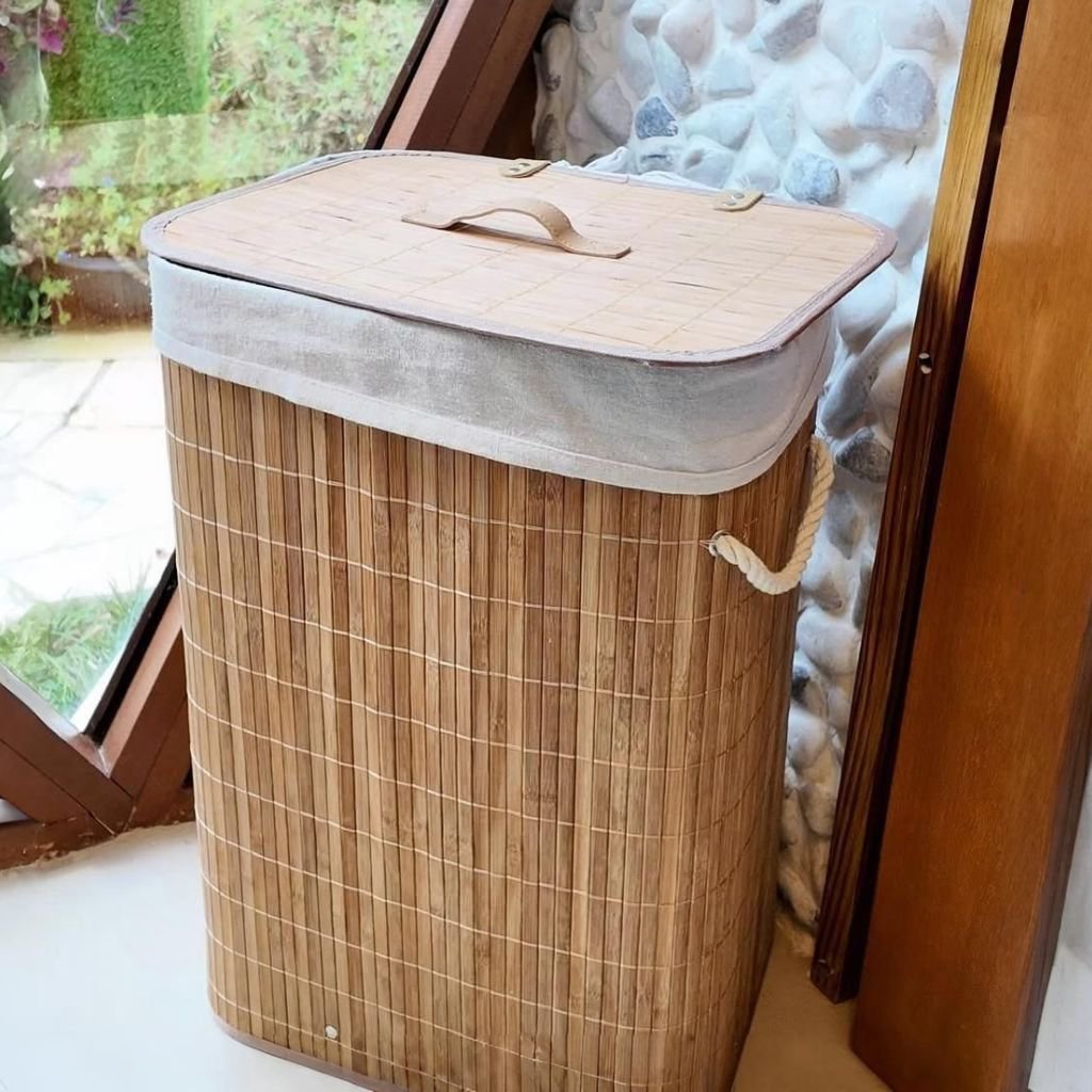 Cesto De Roupa Suja De Bambu Com Tampa E Alças 50 Litros Kontuz