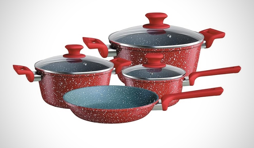 Euro Home, ALU8709-VO, Conjunto de panelas ColorStone 4 peças de alumínio com antiaderente e tampa de vidro, Volcano, Vermelho