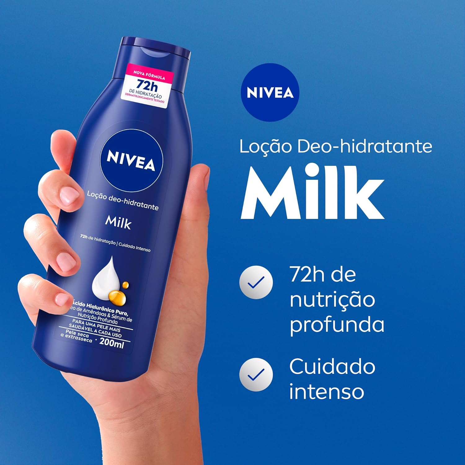 NIVEA Hidratante Corporal Milk Pele Seca - Nutrição intensa para pele seca a extrasseca, com fórmula cremosa que deixa a pele macia, cheirosa e hidratada por 48h - 200ml