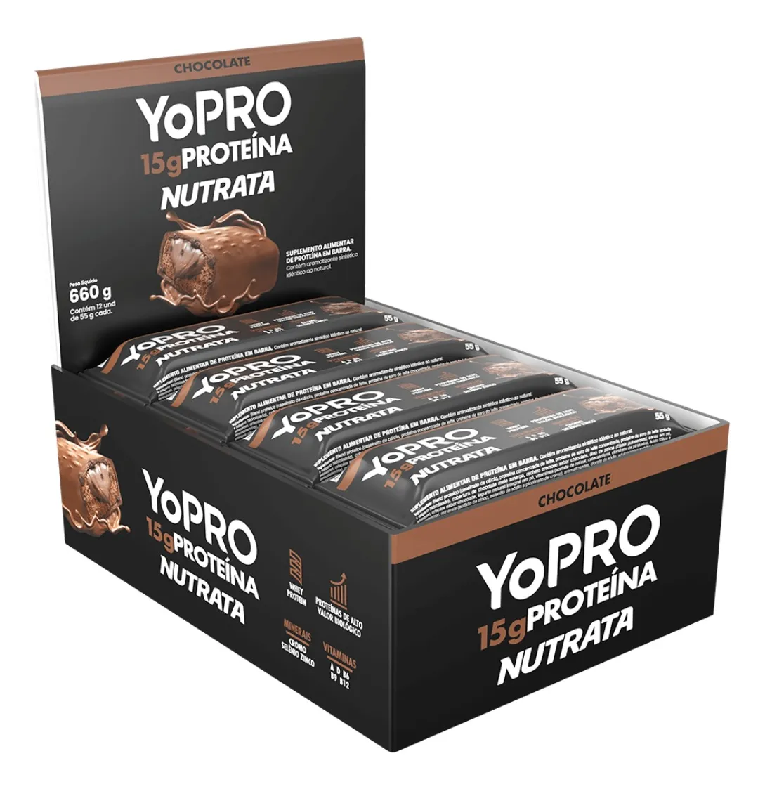 Barras De Proteína Yopro 12 Unidades 55g Whey Bar - Nutrata Sabor Chocolate