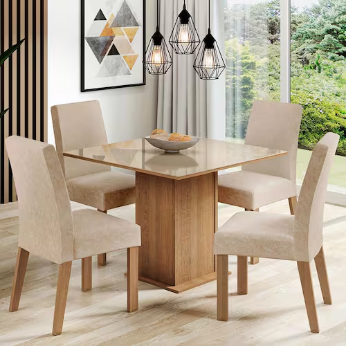 Conjunto Sala de Jantar Madesa Evelin Mesa Tampo de Vidro com 4 Cadeiras - Rustic/Crema/Imperial - Marrom