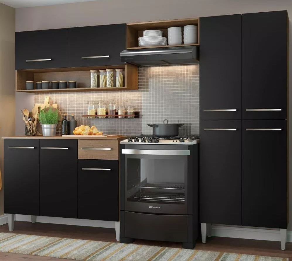 Armário De Cozinha Modulada Completa Compacta Emilly Pop Com Armário E Balcão Cor Rustic/preto Grem229002