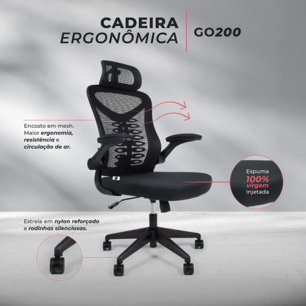 Cadeira Escritório Ergonômica Mesh Ajuste Lombar Gogo Go200 Cor Preto