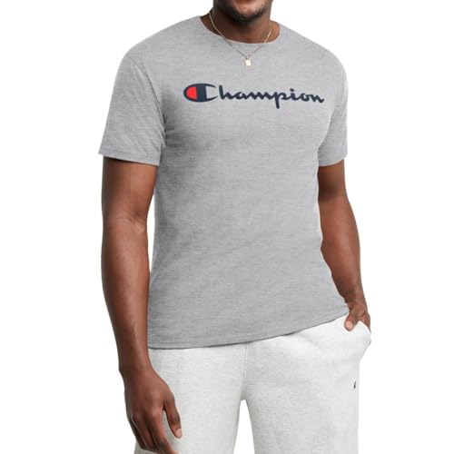 Champion Camiseta, camiseta masculina de algodão com gola redonda, moda (regular ou grande e alto), Escrita cinza Oxford, XXG