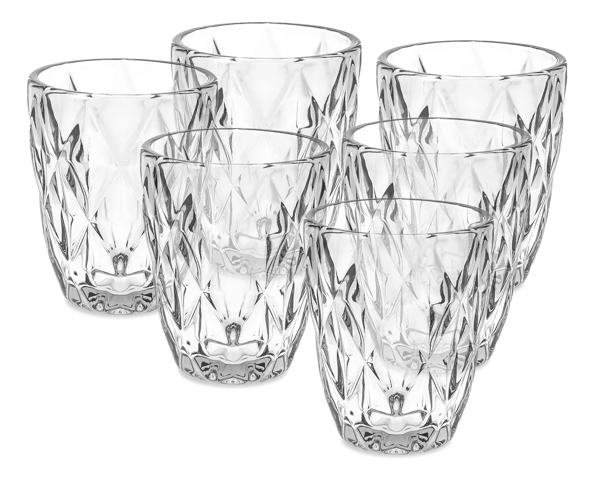 Jogo 6 Copos Baixos Diamond 300ml Vidro Grosso Diamante Luxo